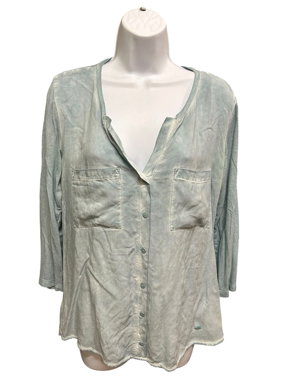 Tom Tailor Faux Button V-Neck Mineral Wash Blue Blouse - Size S